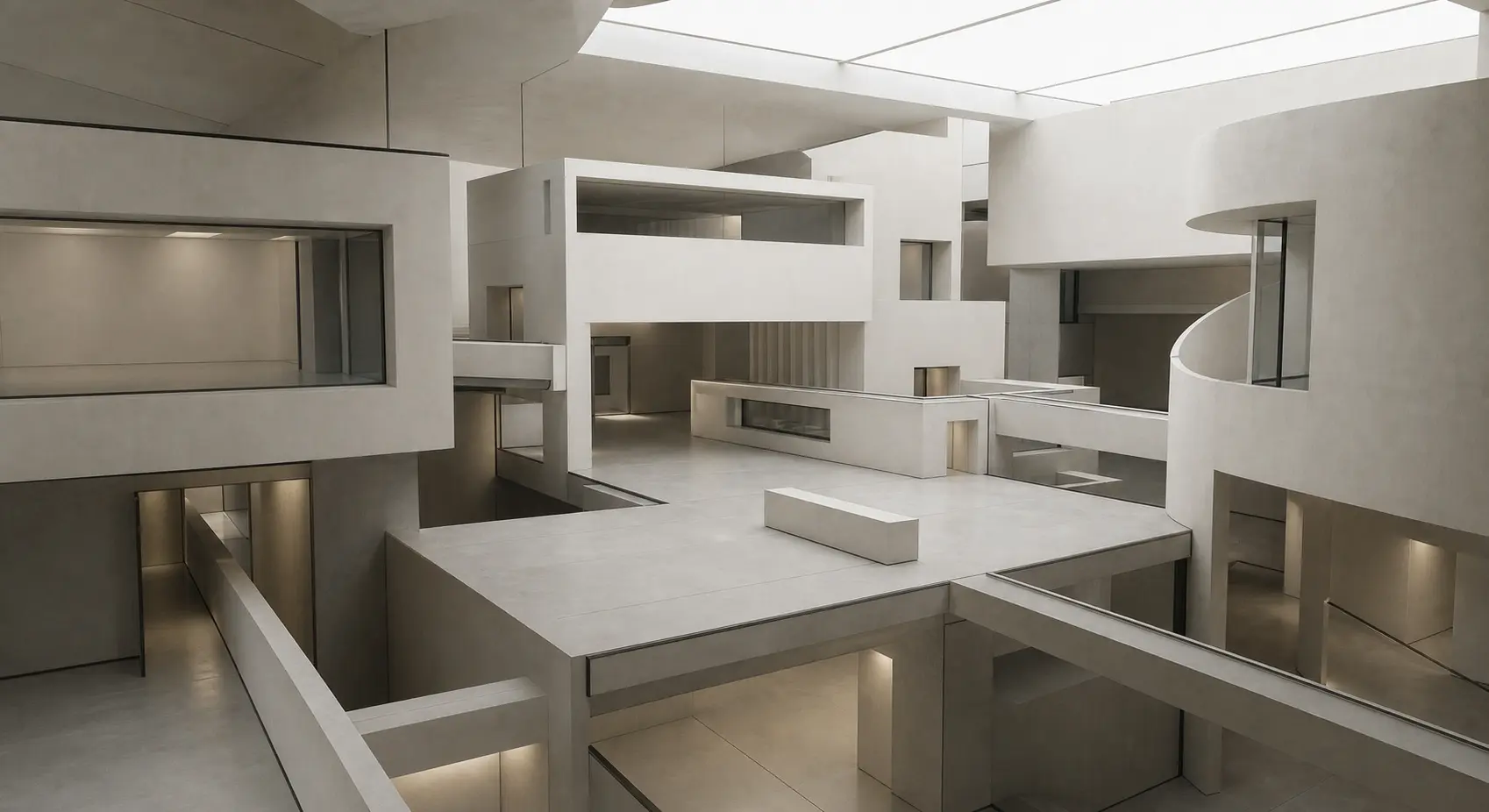 Modular architectural rooms connected by bridges and passages
