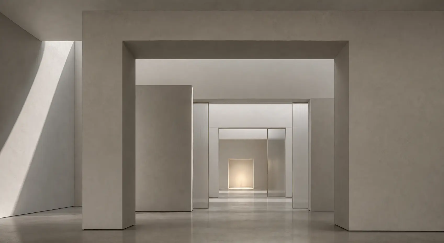 Layered architectural planes aligning toward an illuminated chamber